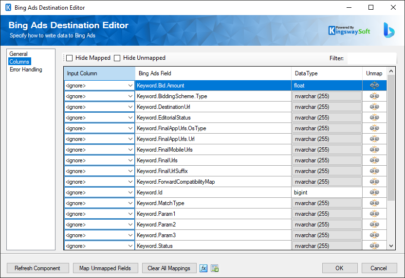 SSIS Bing Ads Destination - Columns